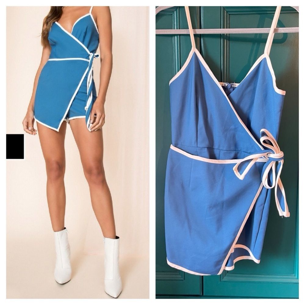 Superdown Cassidy Mini Dress Skort Romper Blue White Contrast Trim Sz Small